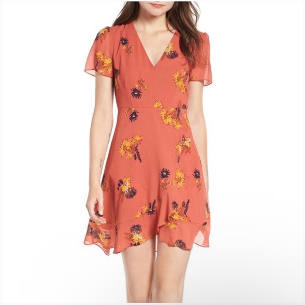 Madewell Coral Floral V-Neck Mini Dress